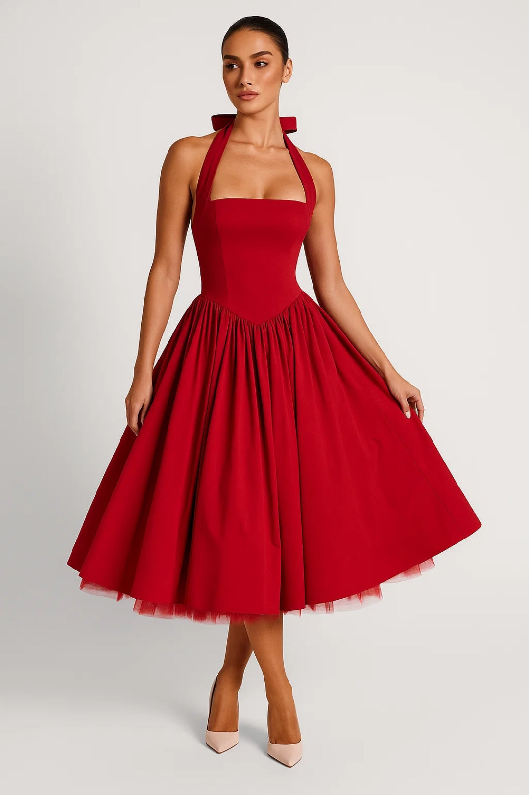 Hella Women’s Halter Dress | Vintage Midi Silhouette | Flared Skirt