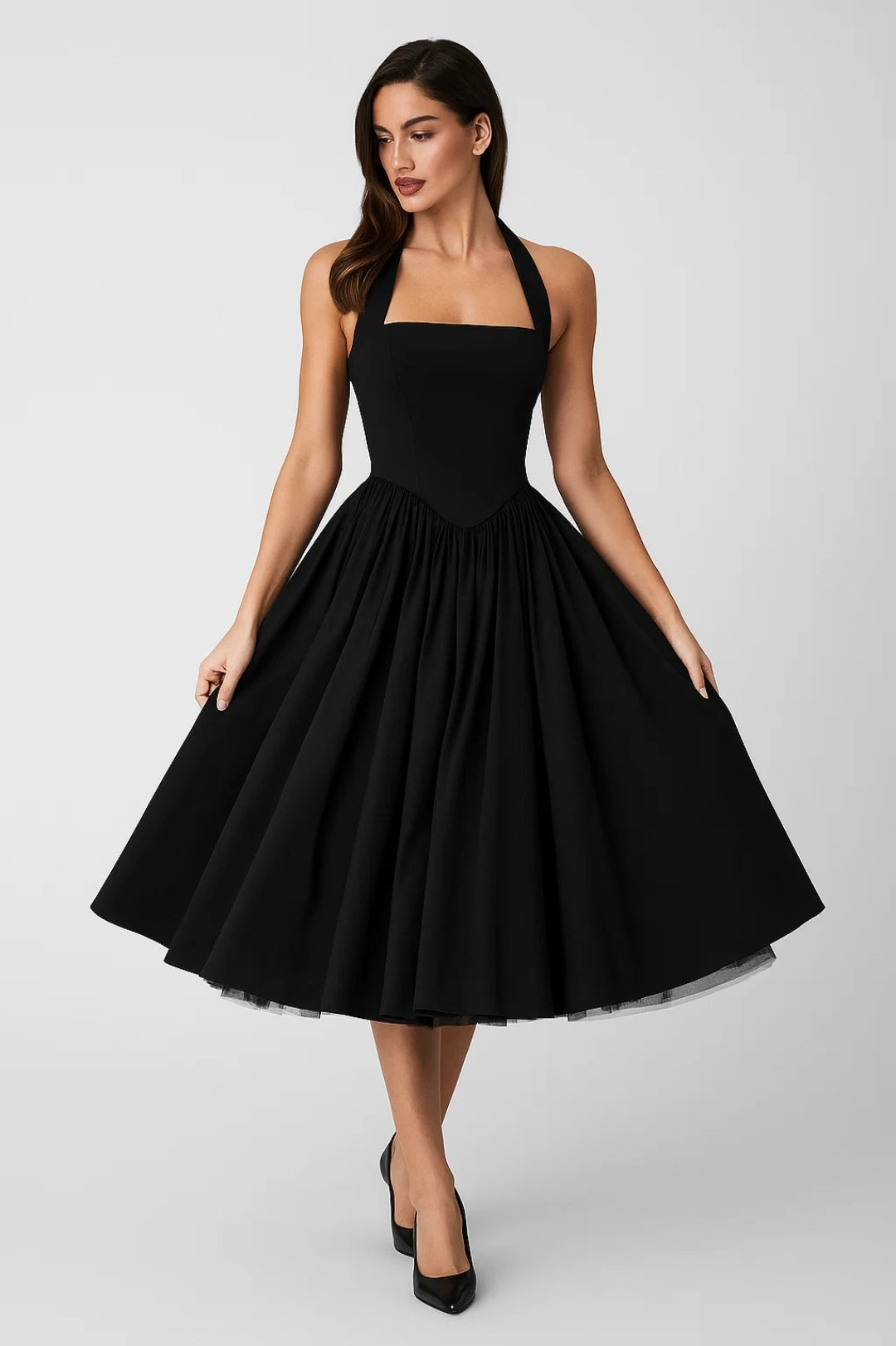 Hella Women’s Halter Dress | Vintage Midi Silhouette | Flared Skirt