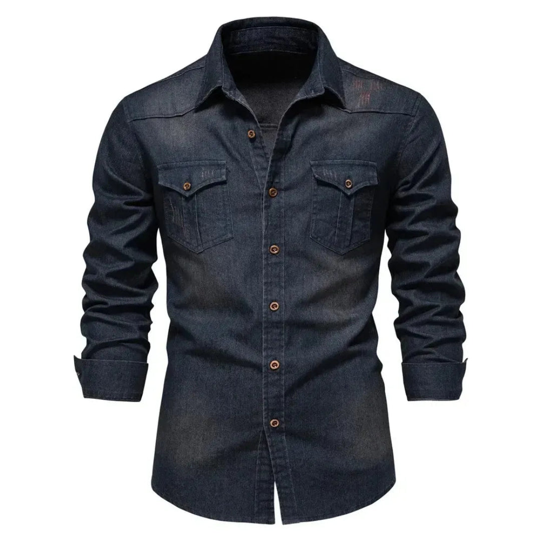 Men's Denim Shirt with Long Sleeves and Button Closure