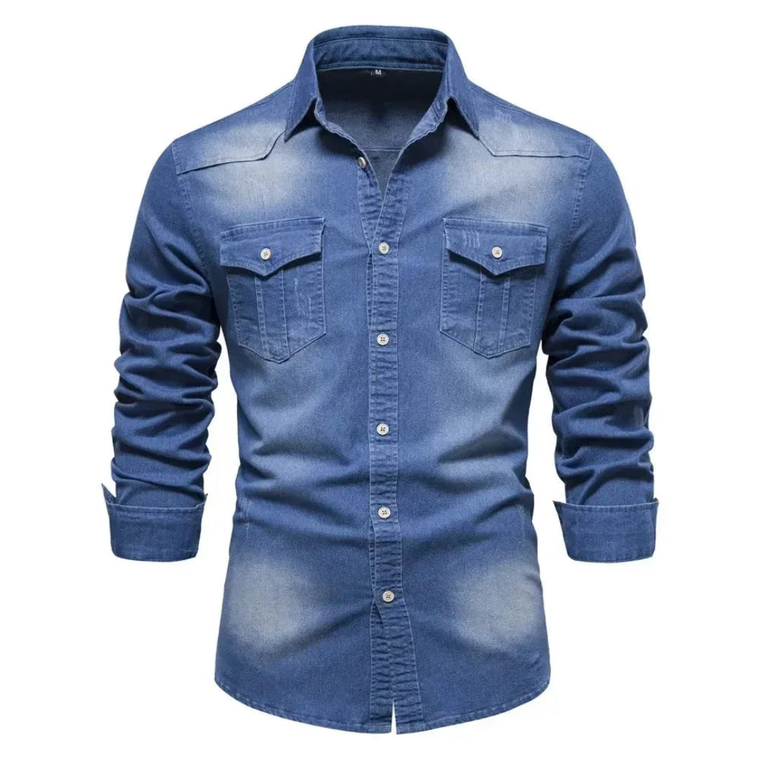 Men's Denim Shirt with Long Sleeves and Button Closure