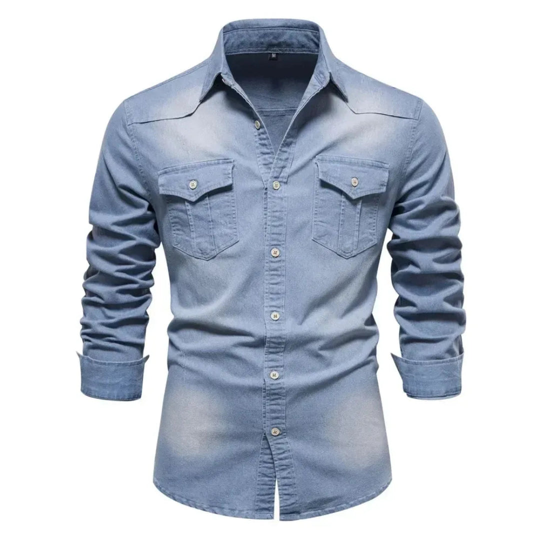 Men's Denim Shirt with Long Sleeves and Button Closure