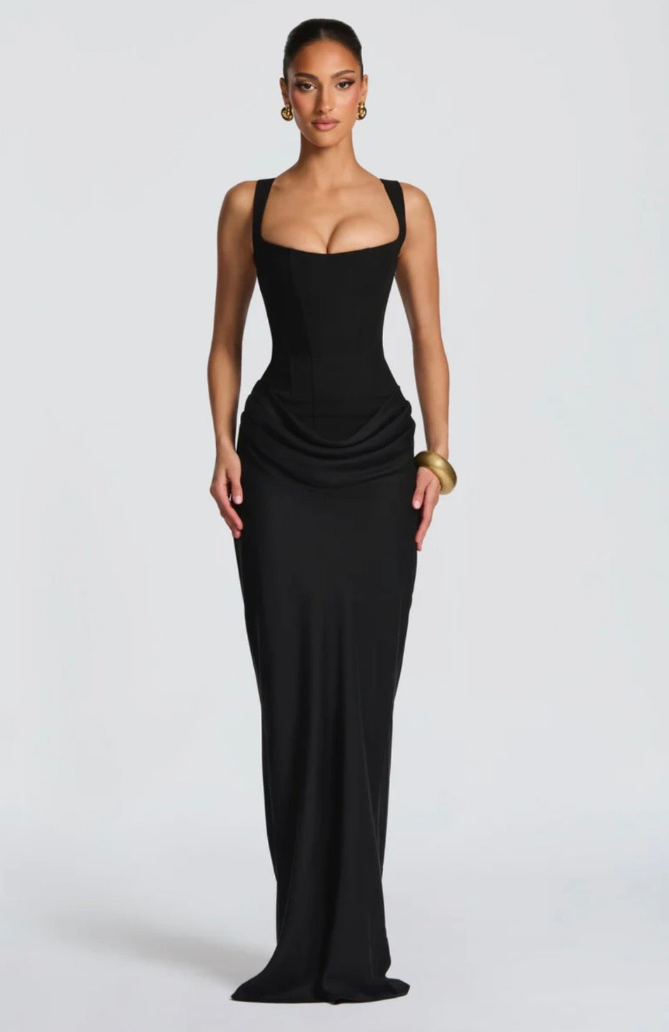 Nina | Sculpted Lowered Waist Square Neck Crepe Maxi Dress