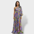 Women’s Maxi Dress | Asymmetrical One-Shoulder | Floral Print with Flowing Skirt and Side Slit