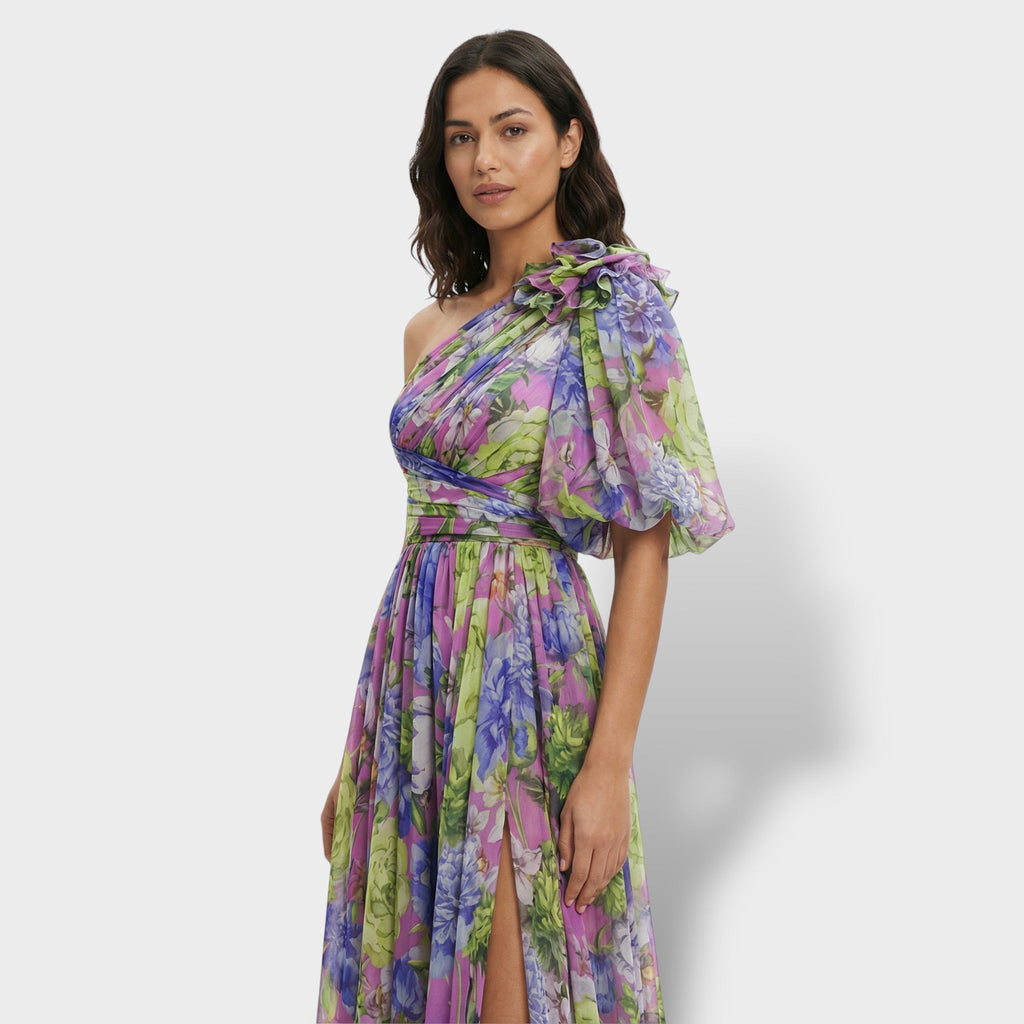 Women’s Maxi Dress | Asymmetrical One-Shoulder | Floral Print with Flowing Skirt and Side Slit