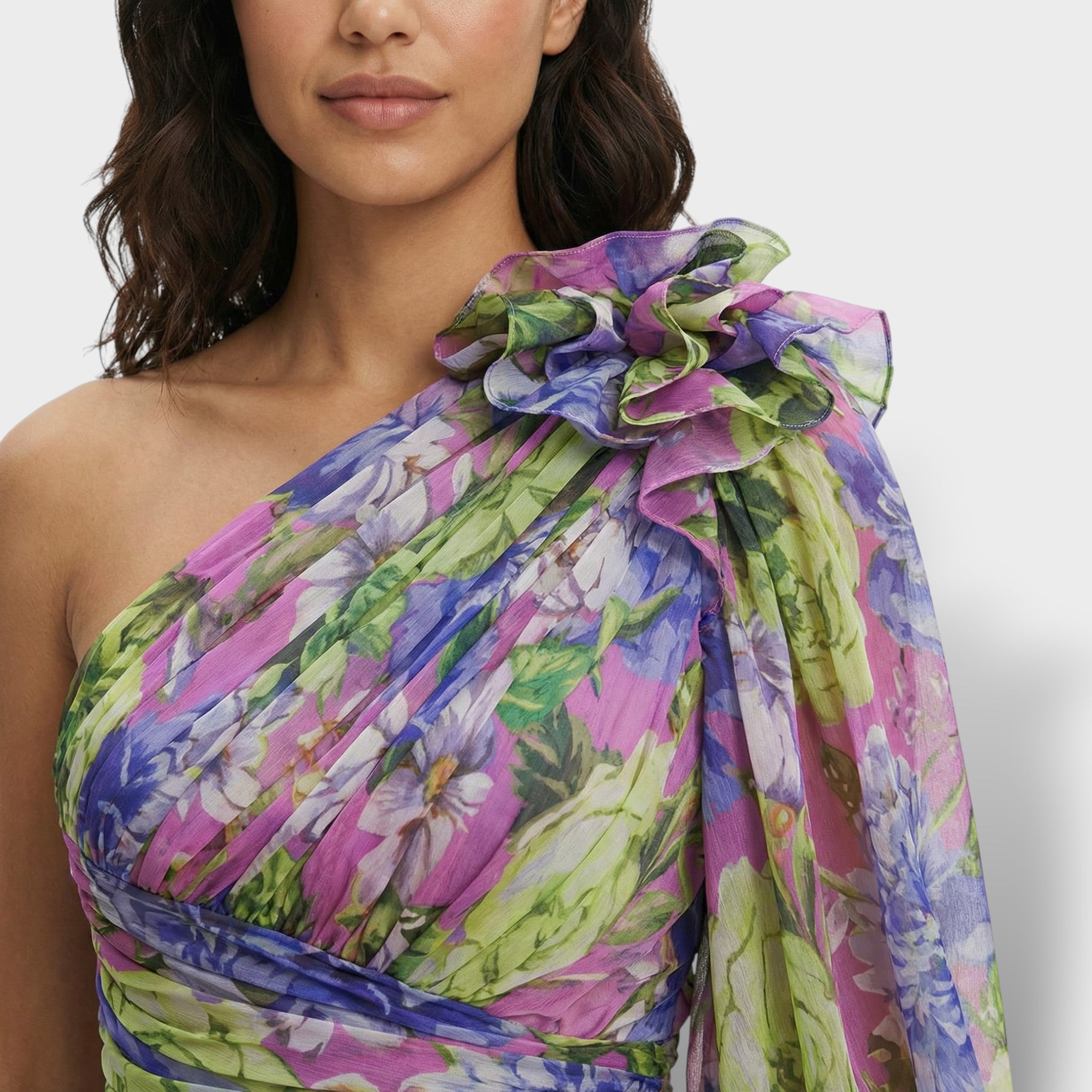 Women’s Maxi Dress | Asymmetrical One-Shoulder | Floral Print with Flowing Skirt and Side Slit