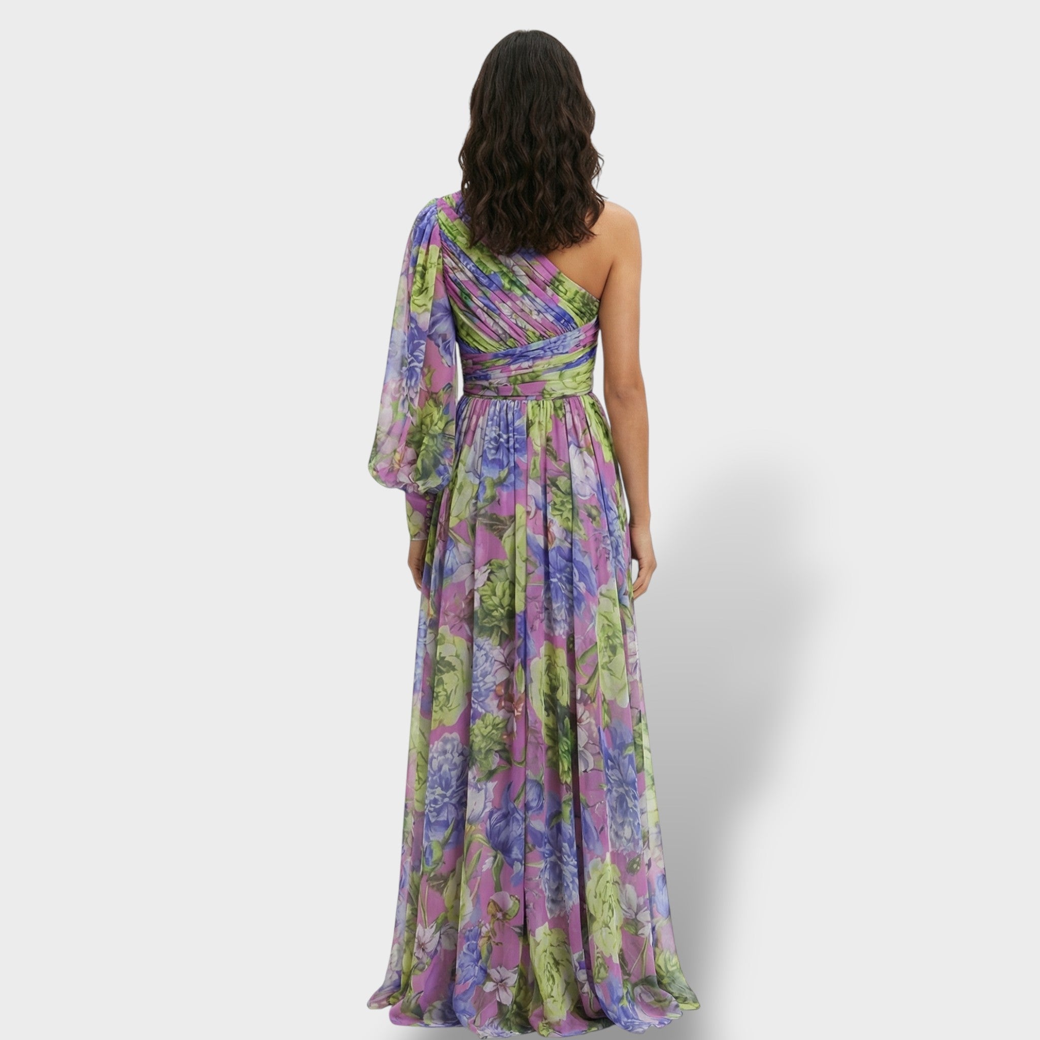 Women’s Maxi Dress | Asymmetrical One-Shoulder | Floral Print with Flowing Skirt and Side Slit