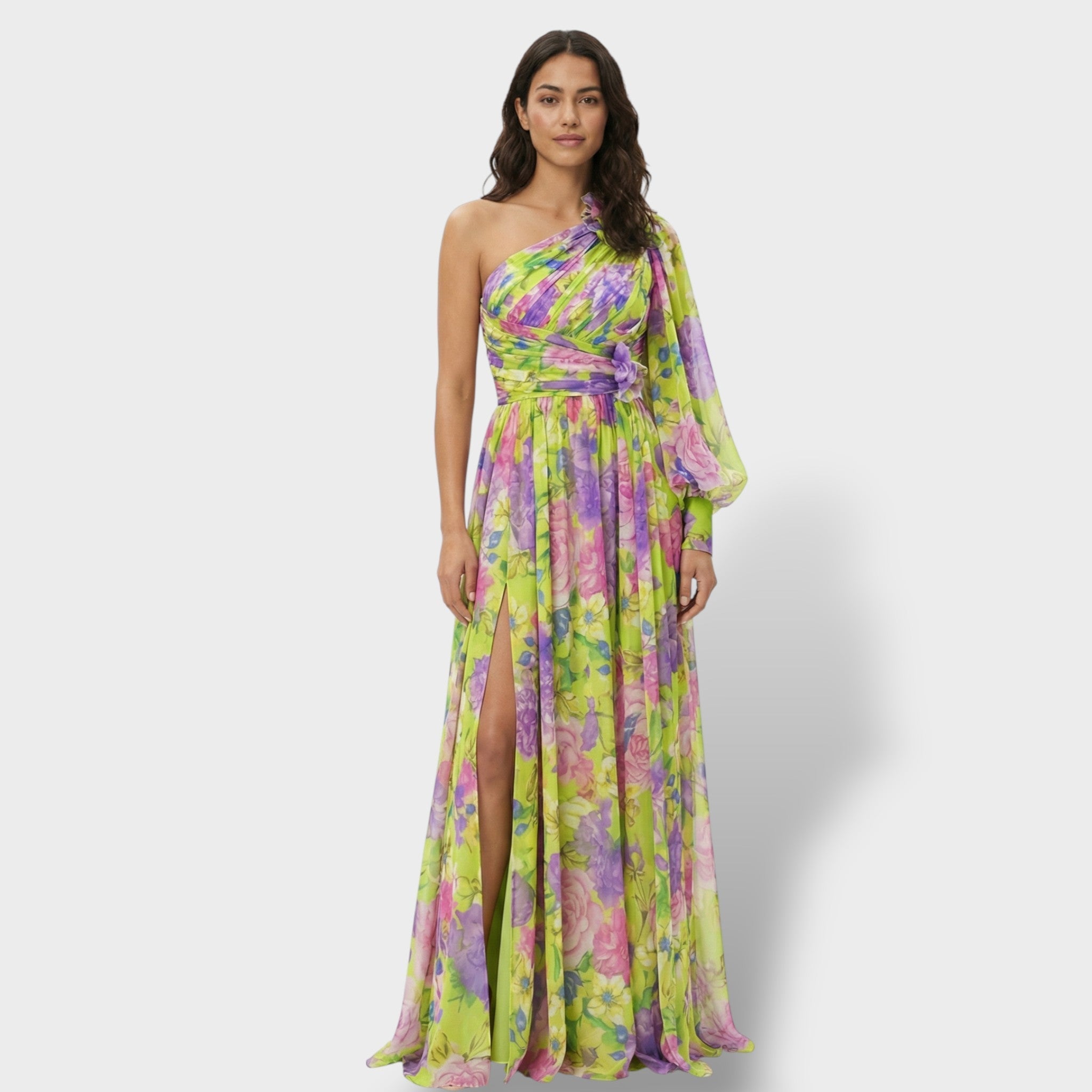 Women’s Maxi Dress | Asymmetrical One-Shoulder | Floral Print with Flowing Skirt and Side Slit