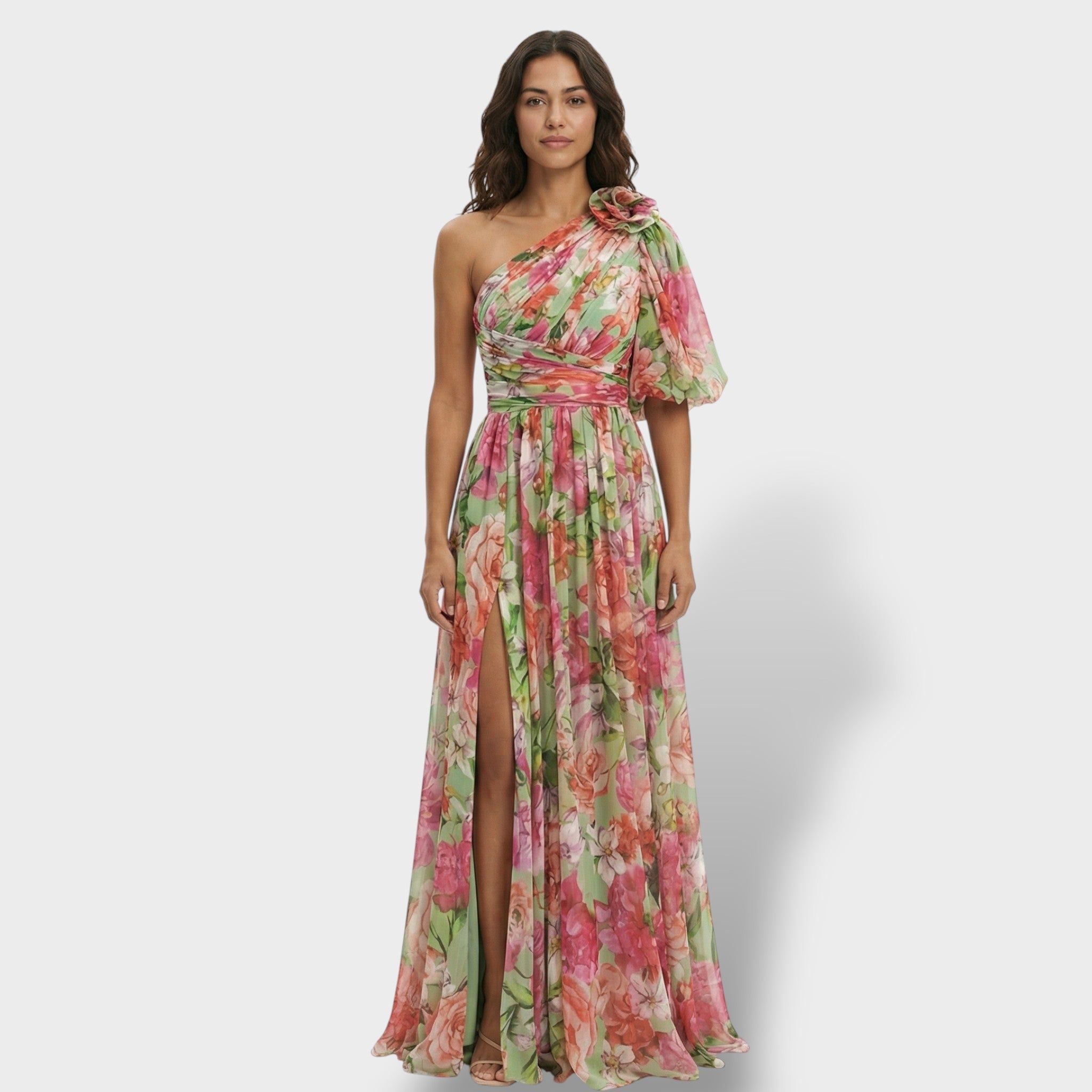 Women’s Maxi Dress | Asymmetrical One-Shoulder | Floral Print with Flowing Skirt and Side Slit