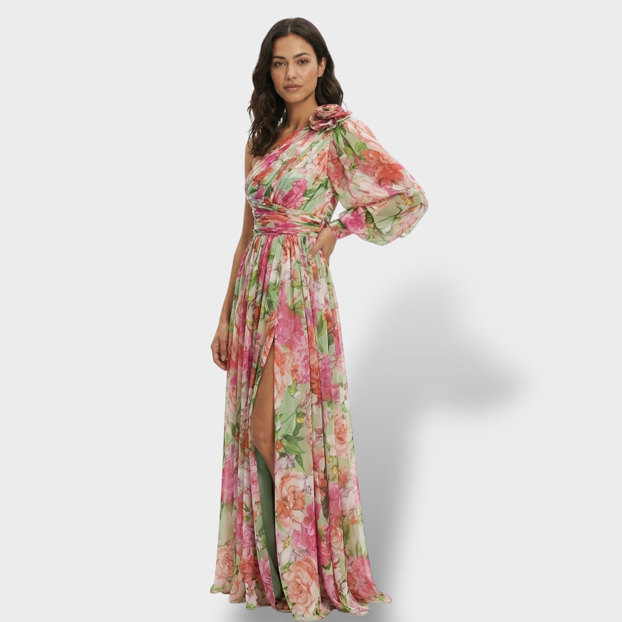 Women’s Maxi Dress | Asymmetrical One-Shoulder | Floral Print with Flowing Skirt and Side Slit