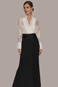 Layered wrap tuxedo evening gown featuring a sheer pleated bodice, perfect for formal occasions and elegant events. 0