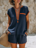 Lightweight cotton-linen two-piece women's shorts set featuring a stylish zip-front top, perfect for summer outings and casual wear. 0