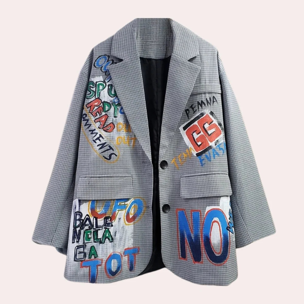 Loose-Fit Oversized Blazer with Graffiti Print and Check Pattern for Women 0
