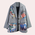 Loose-Fit Oversized Blazer with Graffiti Print and Check Pattern for Women 0