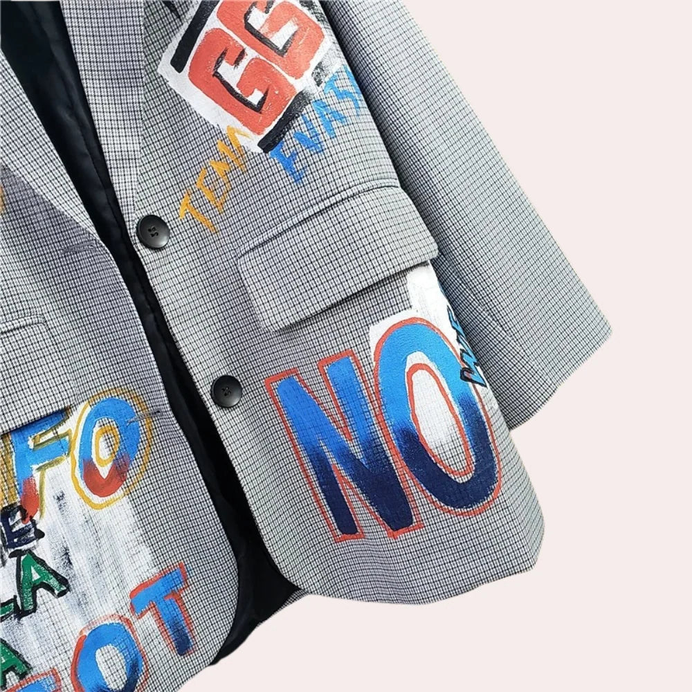 Loose-Fit Oversized Blazer with Graffiti Print and Check Pattern for Women 1
