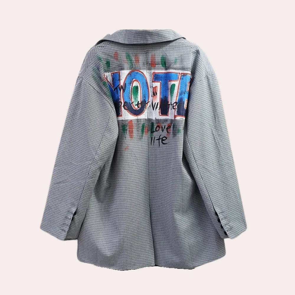 Loose-Fit Oversized Blazer with Graffiti Print and Check Pattern for Women 2