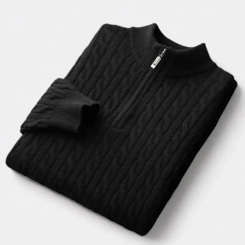 Men's Cable-Knit Merino Wool Sweater with Quarter Zip 0