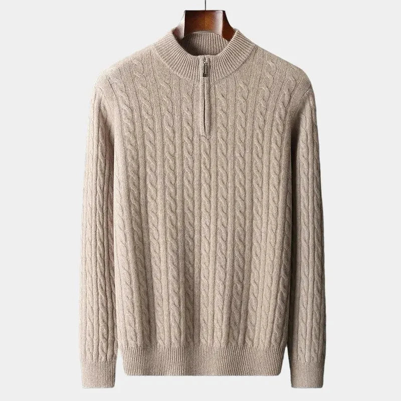 Men's Cable-Knit Merino Wool Sweater with Quarter Zip 1