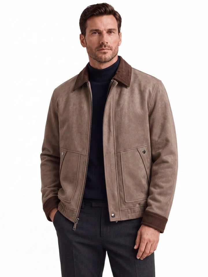 Men's Casual Zip-Up Jacket with Contrast Collar and Suede-Effect Finish 0