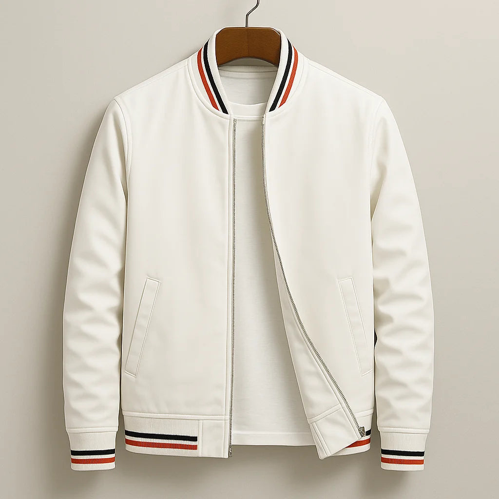 Men’s Cotton Blend Zip-Up Jacket with Ribbed Stripe Trim 0