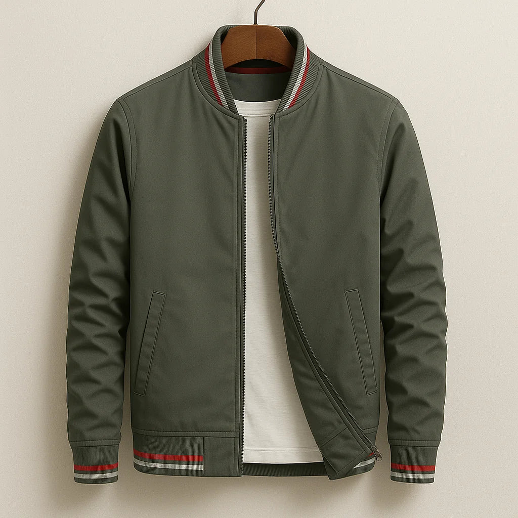 Men’s Cotton Blend Zip-Up Jacket with Ribbed Stripe Trim 1