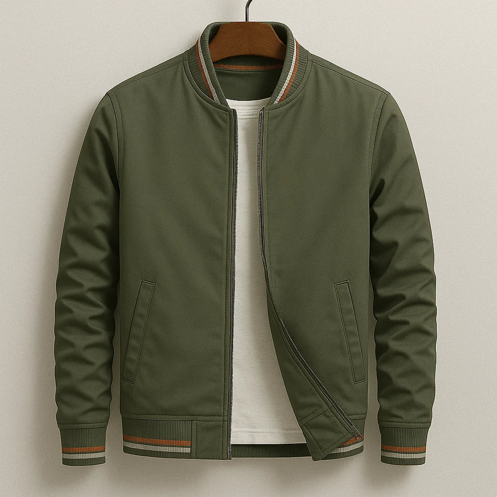 Men’s Cotton Blend Zip-Up Jacket with Ribbed Stripe Trim 2