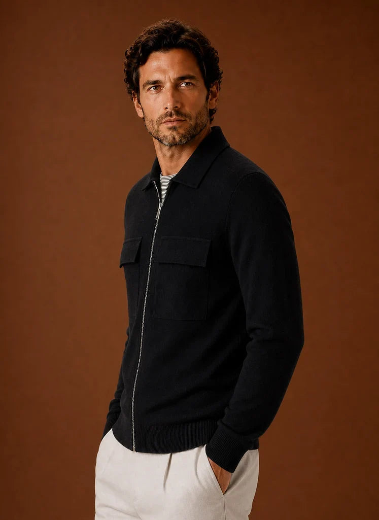 Men's Knit Full-Zip Jacket with Chest Pockets for Smart Casual Wear 3