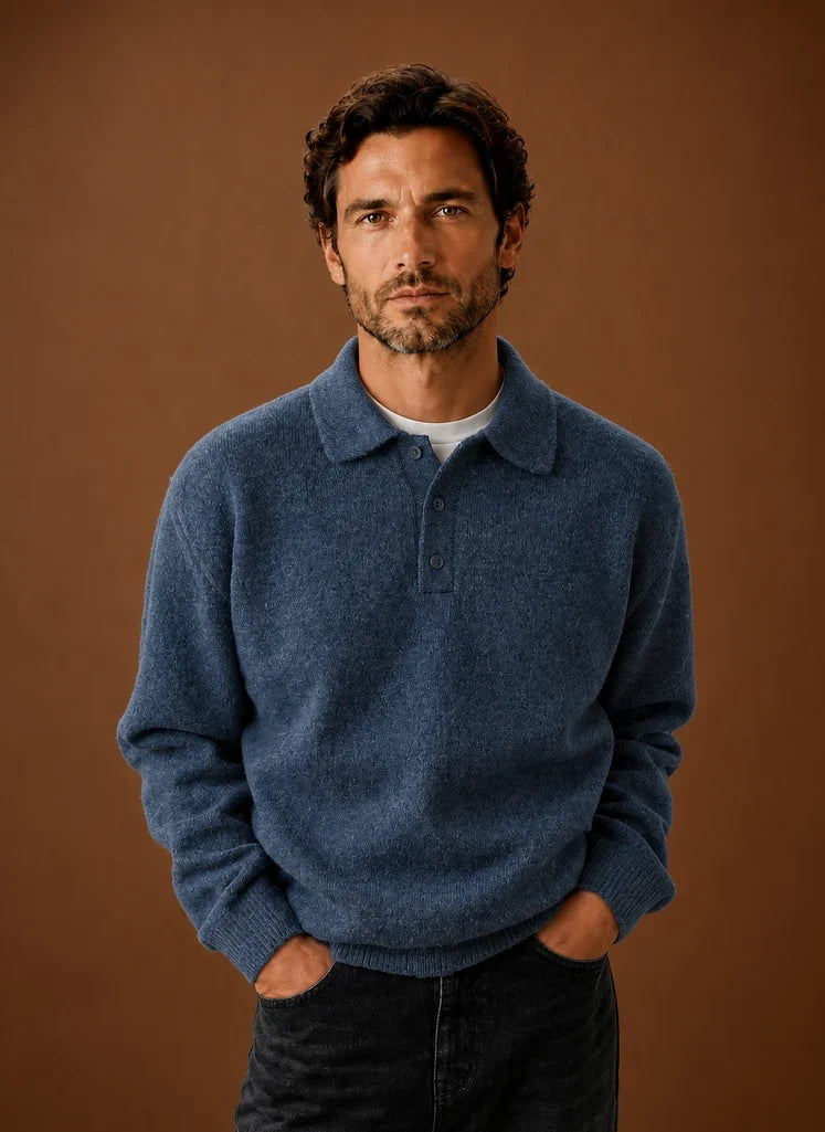Men's Long Sleeve Knit Polo Sweater with Button Placket 0