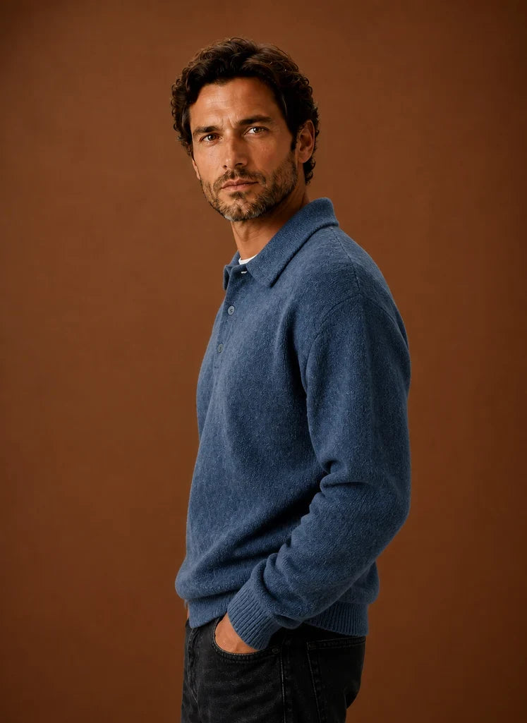 Men's Long Sleeve Knit Polo Sweater with Button Placket 1
