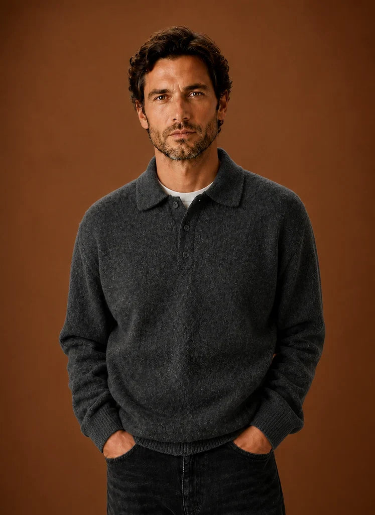 Men's Long Sleeve Knit Polo Sweater with Button Placket 9