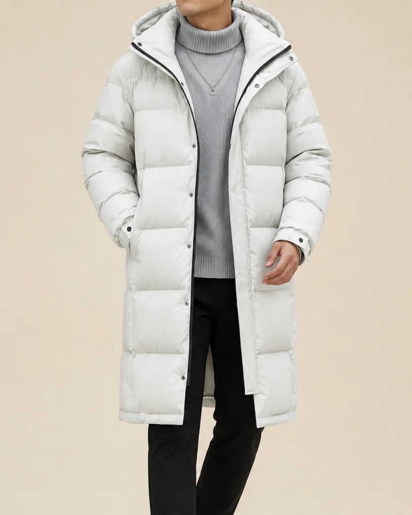 Men's Longline Quilted Hooded Winter Coat with Snap-Button Cuffs 3