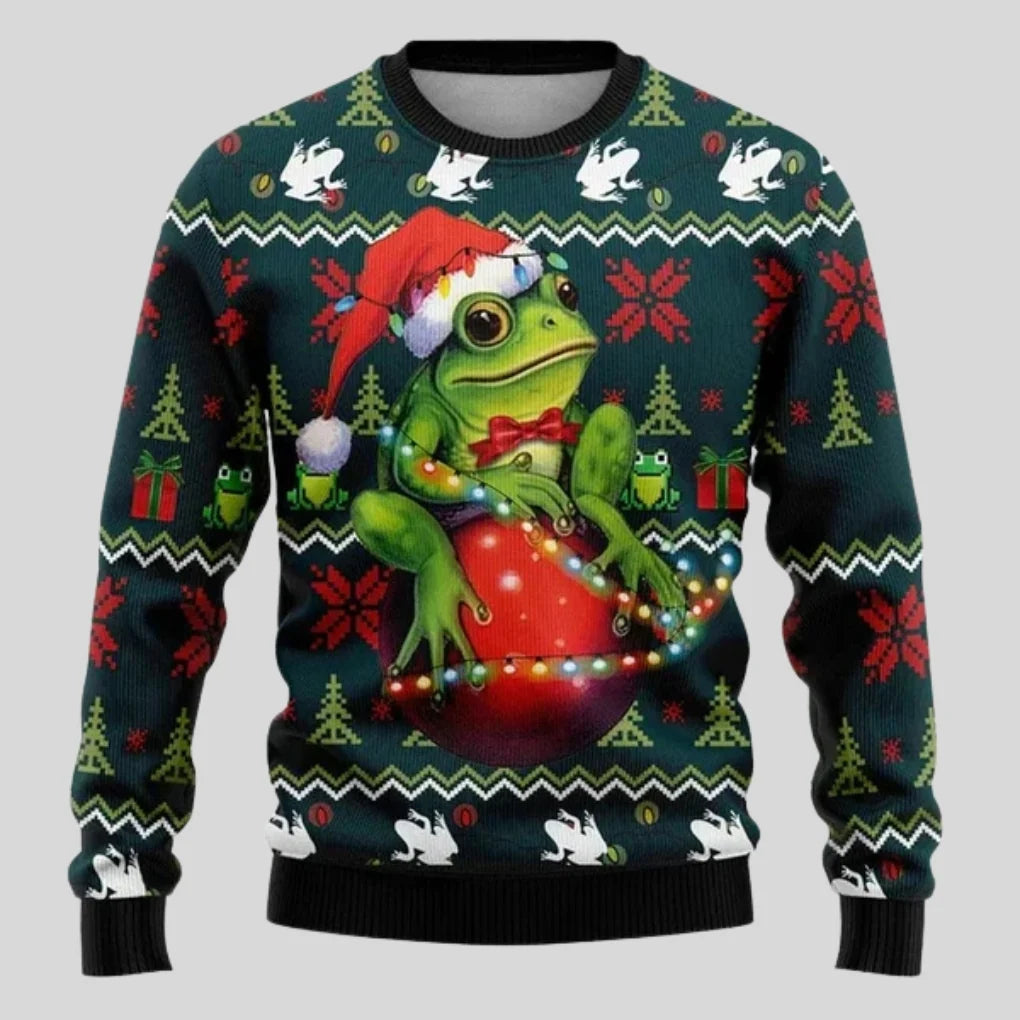 Men's Loose Fit Christmas Sweater with Animal Print and Crew Neck 0