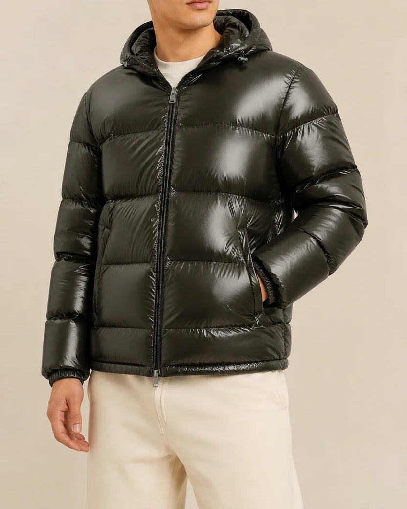 Men's Quilted Hooded Puffer Jacket - Glossy Finish for Winter Warmth 1