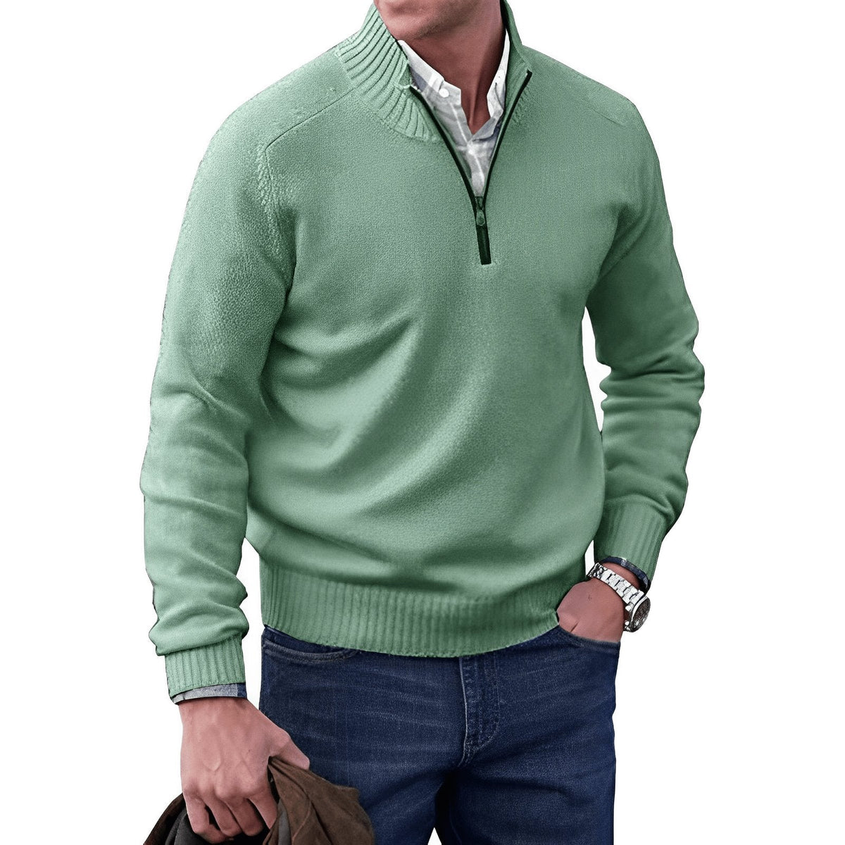 Men's Regular Fit Knitted Sweater with Quarter Zip Neckline 3