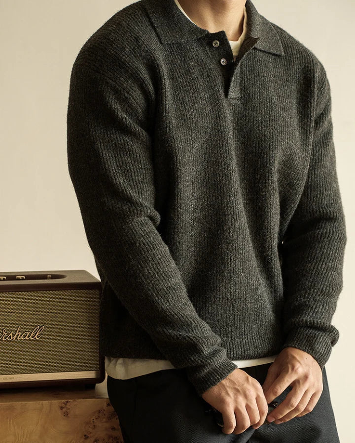 Men's Ribbed Knit Sweater with Polo Collar and Button Closure 0