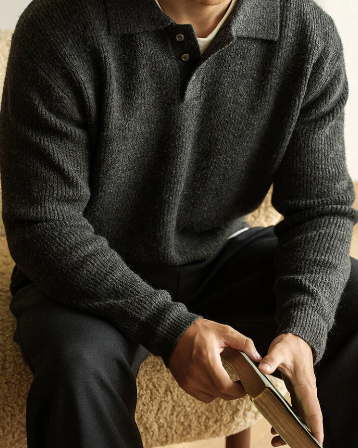 Men's Ribbed Knit Sweater with Polo Collar and Button Closure 1