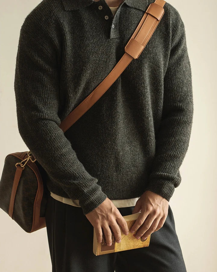 Men's Ribbed Knit Sweater with Polo Collar and Button Closure 2