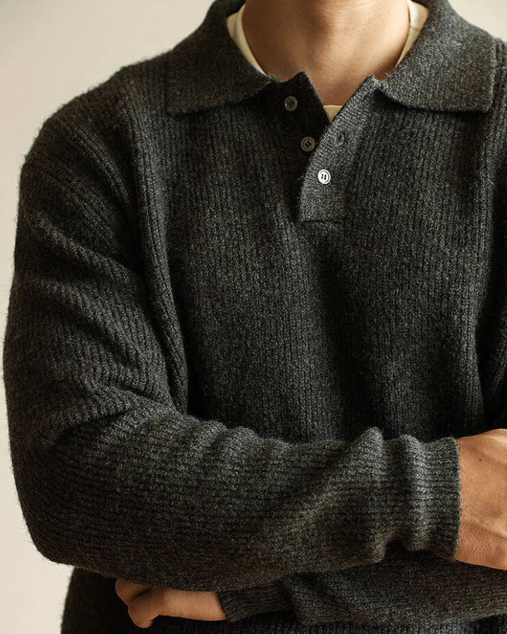 Men's Ribbed Knit Sweater with Polo Collar and Button Closure 3