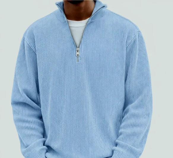 Men's Ribbed Knit Sweater with Zip Collar and Long Sleeves 0