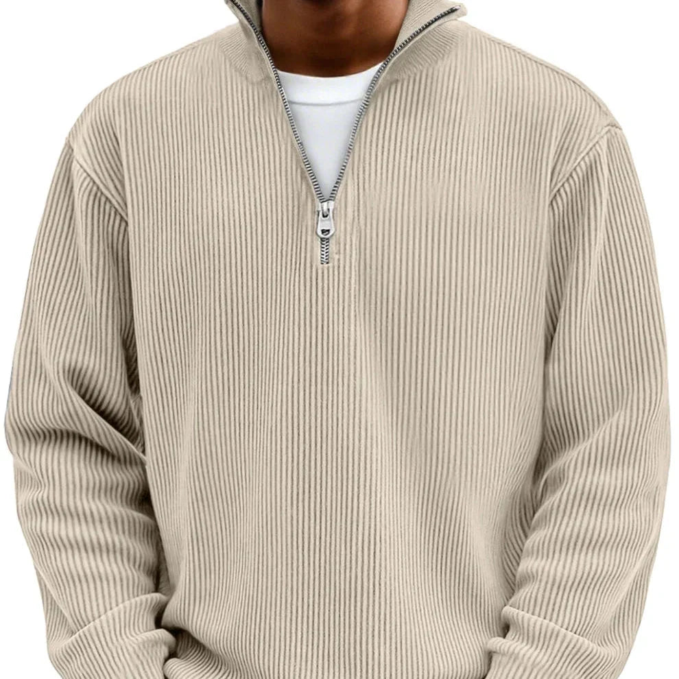 Men's Ribbed Knit Sweater with Zip Collar and Long Sleeves 3