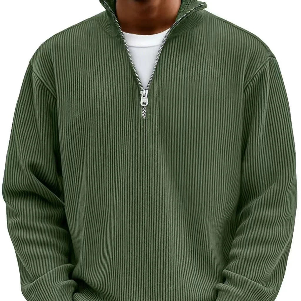 Men's Ribbed Knit Sweater with Zip Collar and Long Sleeves 7