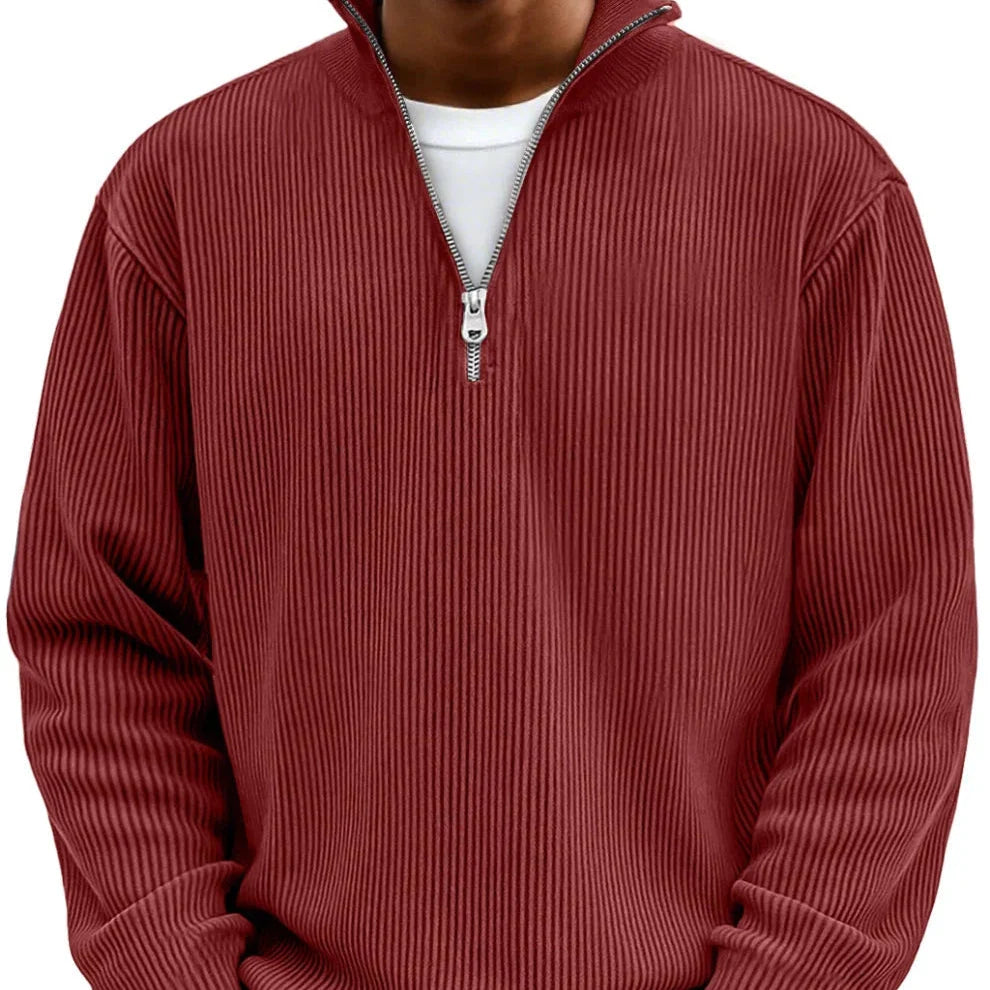 Men's Ribbed Knit Sweater with Zip Collar and Long Sleeves 9