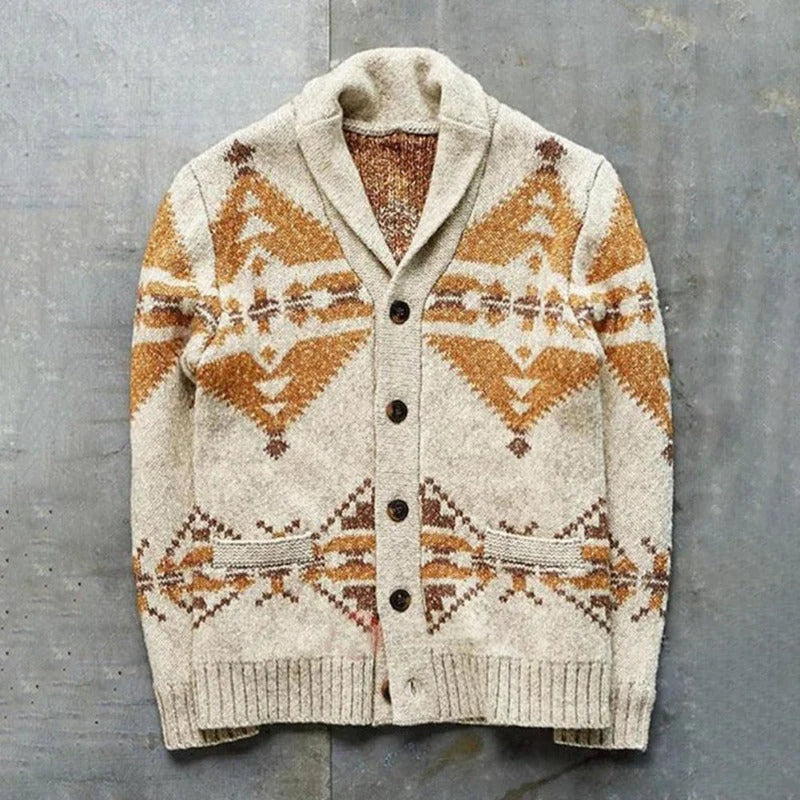 Men's Shawl Collar Cardigan with Printed Knit and Button Closure 0