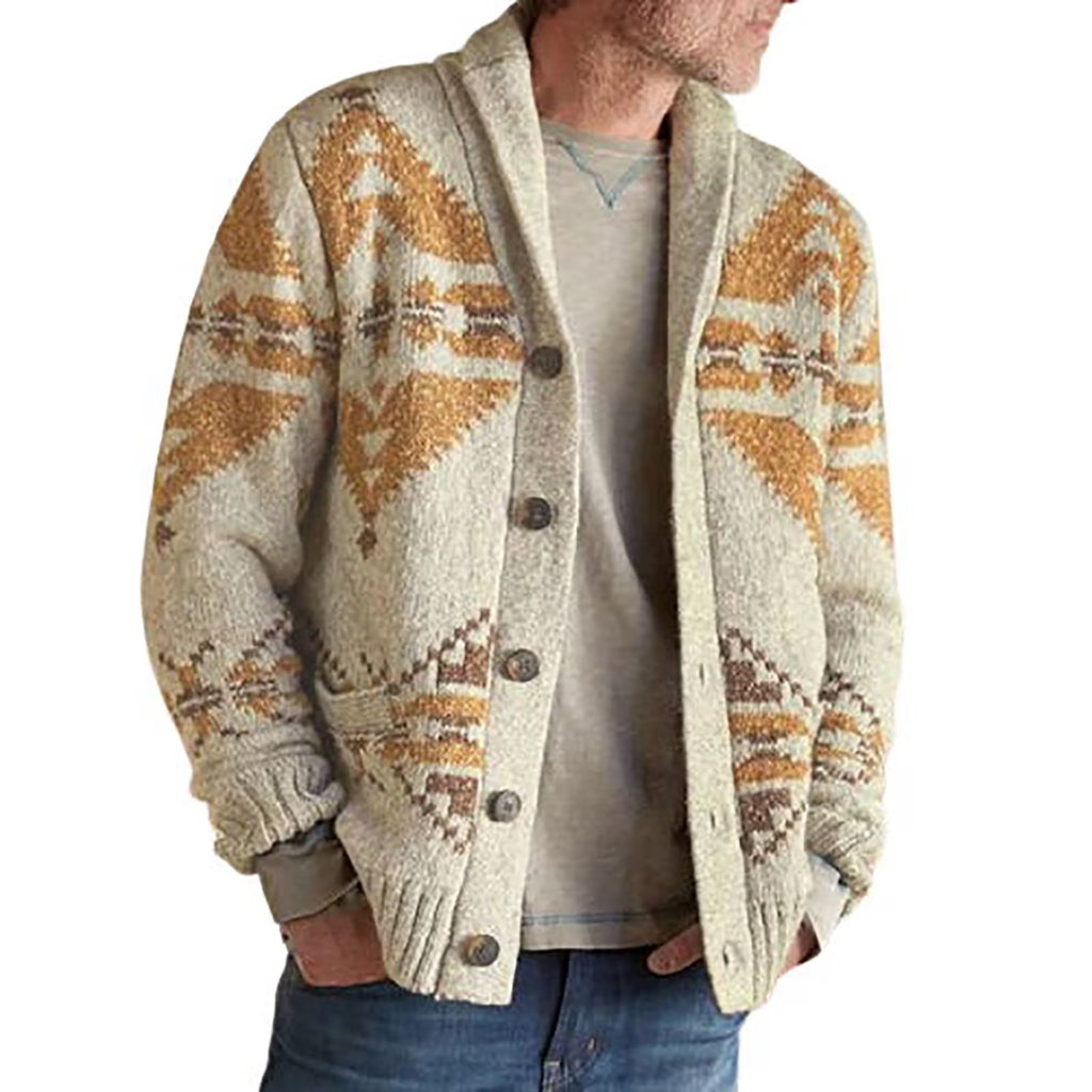 Men's Shawl Collar Cardigan with Printed Knit and Button Closure 1
