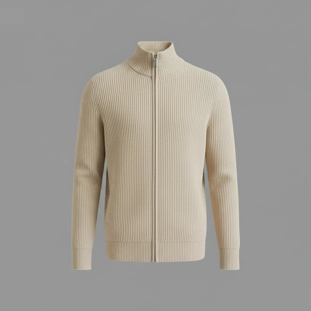 Men's Slim-Fit Ribbed Knit Cardigan with Stand-Up Collar and Zip 0