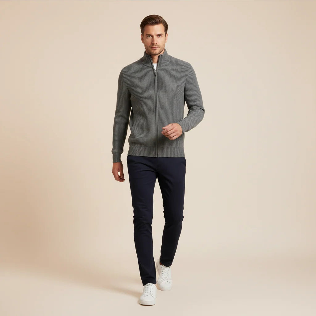 Men's Slim-Fit Ribbed Knit Cardigan with Stand-Up Collar and Zip 1