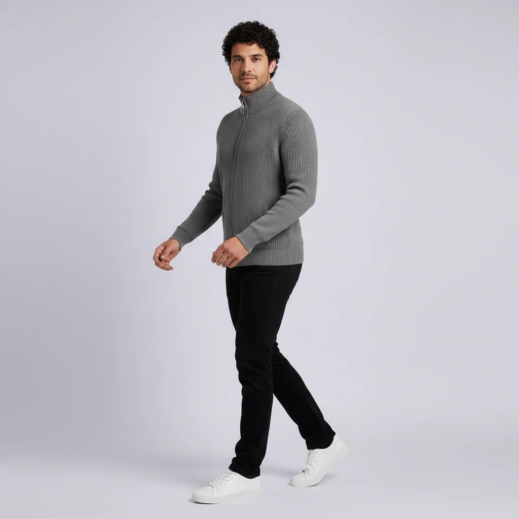 Men's Slim-Fit Ribbed Knit Cardigan with Stand-Up Collar and Zip 2