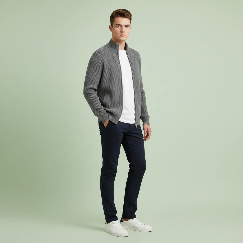 Men's Slim-Fit Ribbed Knit Cardigan with Stand-Up Collar and Zip 3