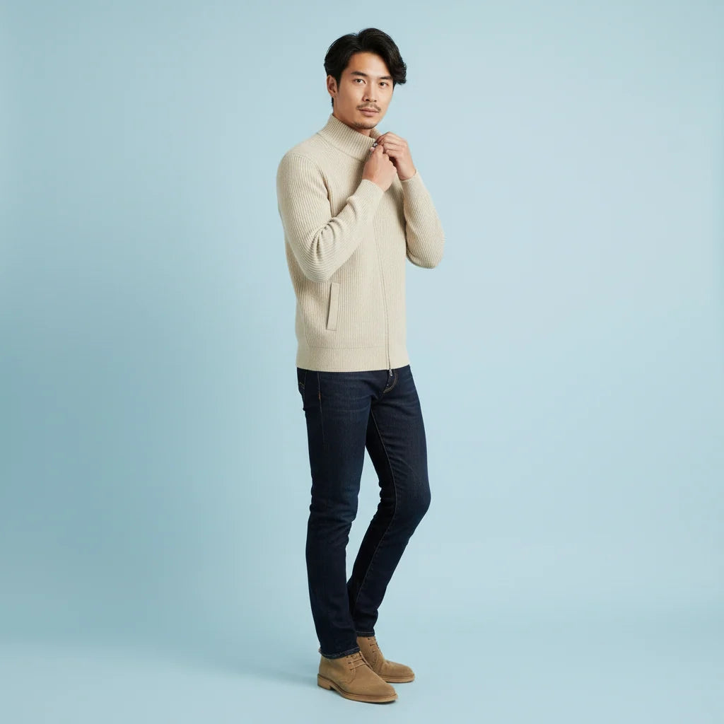 Men's Slim-Fit Ribbed Knit Cardigan with Stand-Up Collar and Zip 6