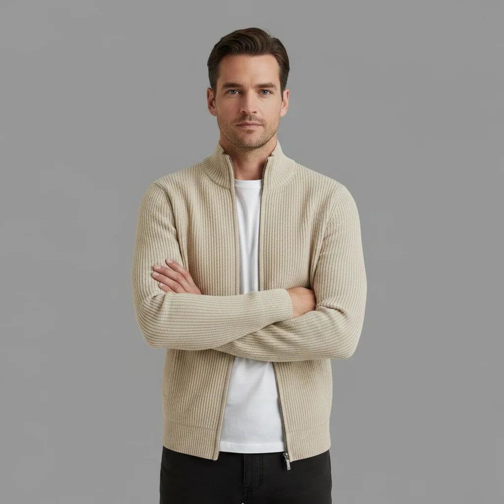 Men's Slim-Fit Ribbed Knit Cardigan with Stand-Up Collar and Zip 7