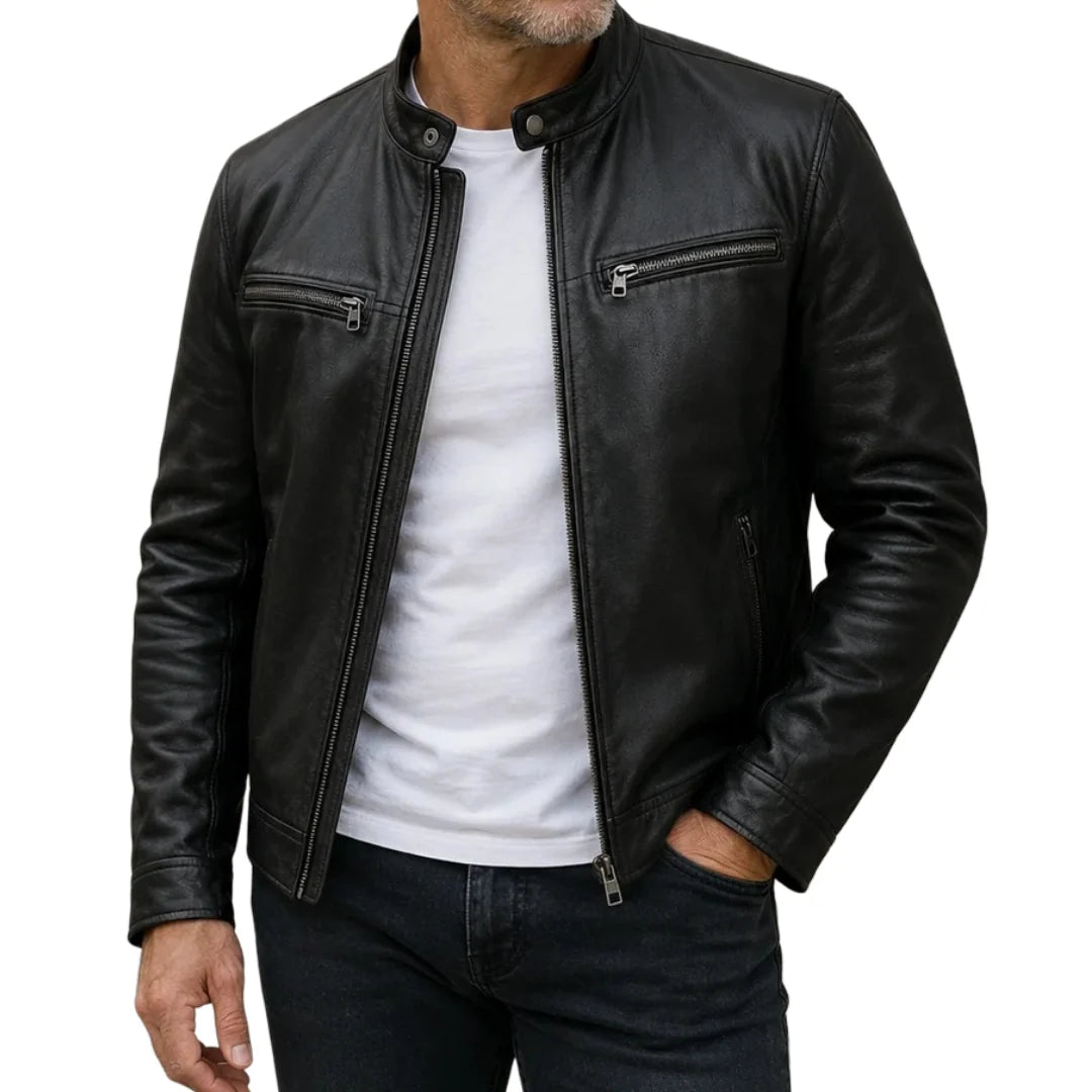Men's Slim Fit Leather Jacket with Zippered Pockets 1